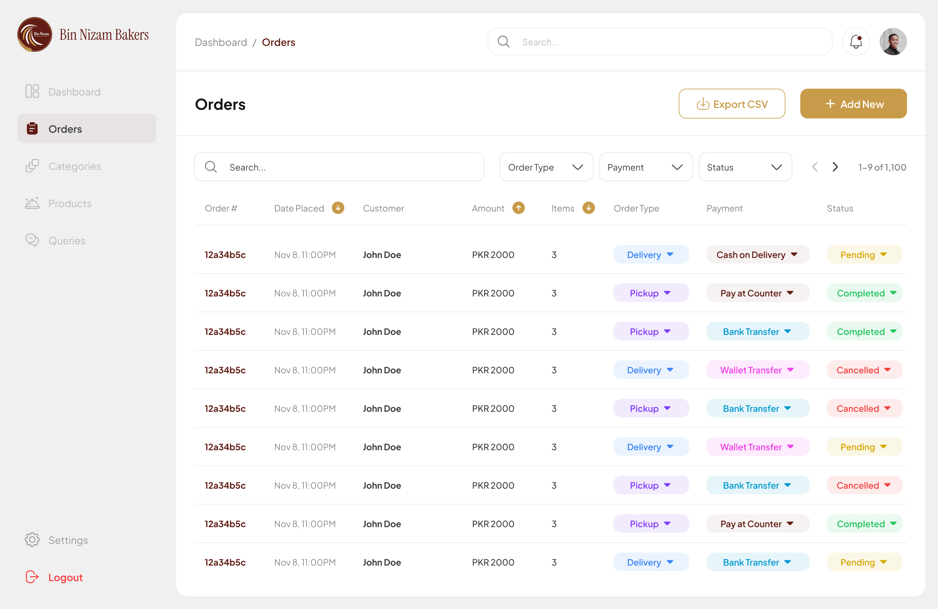 Bin Nizam Bakers admin — orders list with filters, payment types, and status controls